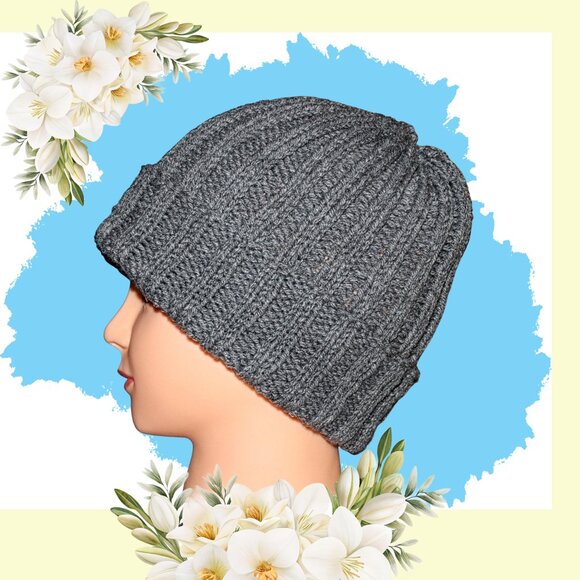 Hand Knit Heather Gray Slouch Beanie, Ribbed Acrylic Winter Hat - Picture 6 of 8